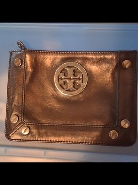 Tory Burch Black Metallic  Leather Logo Wristlet with Silver Hardware